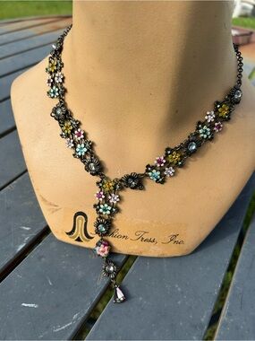 Vintage Michal Negrin Floral Drop Necklace Brass Rhinestone Statement Jewelry